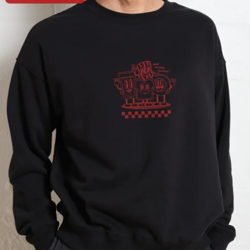 Good Morning Sunshine! Retro Breakfast Buddies Sweatshirt on a hanger, ready to ship from Chicago, Illinois