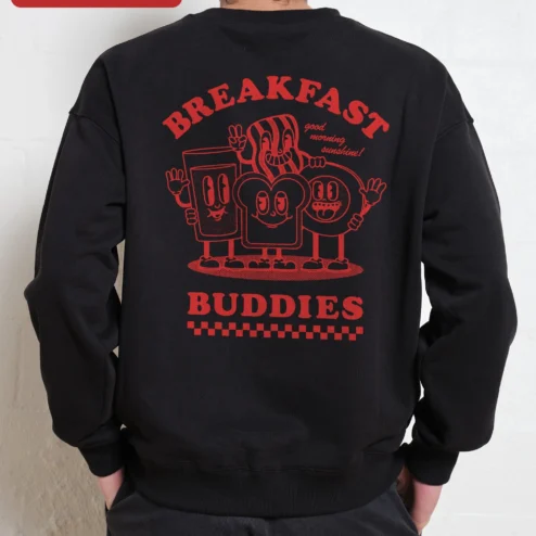 Customer in Chicago, Illinois wearing Good Morning Sunshine! Retro Breakfast Buddies Sweatshirt