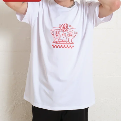 Good Morning Sunshine Ringer Tee Cute Breakfast Cartoon Graphic Shirt for Women on a hanger, ready to ship from Chicago, Illinois