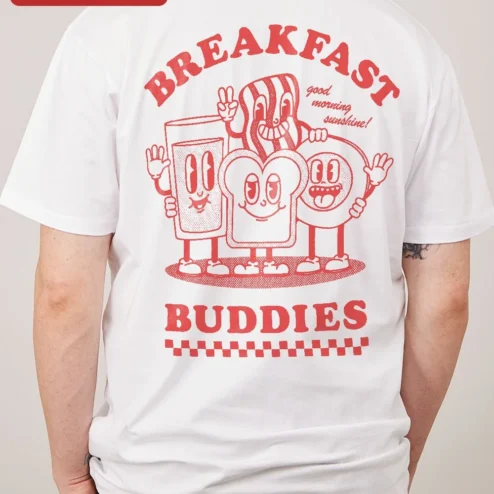 Customer in Chicago, Illinois wearing Good Morning Sunshine Ringer Tee Cute Breakfast Cartoon Graphic Shirt for Women