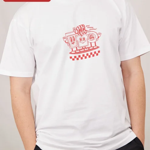 Close-up of Good Morning Sunshine Ringer Tee Cute Breakfast Cartoon Graphic Shirt for Women for streetwear fans in Chicago, Illinois