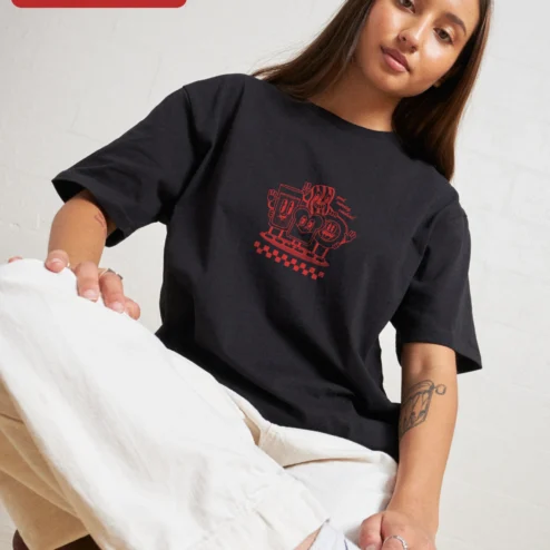 Customer in Chicago, Illinois wearing Good Morning Sunshine Ringer Tee Cute Breakfast Cartoon Graphic Shirt for Women