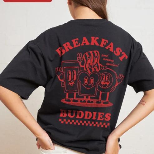 Close-up of Good Morning Sunshine Ringer Tee Cute Breakfast Cartoon Graphic Shirt for Women for streetwear fans in Chicago, Illinois