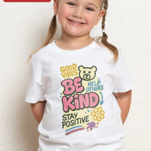 Good Vibes Be Kind Help Others Stay Positive Kids Tee Cute Bear Graphic on a hanger, ready to ship from Chicago, Illinois