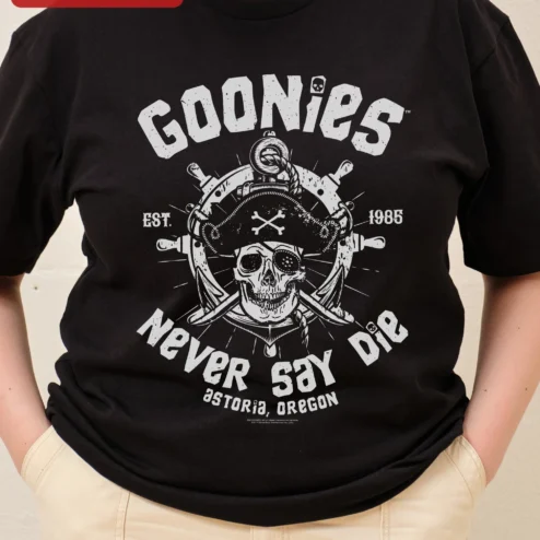 Goonies Never Say Die Tee The Goonies Movie Skull Pirate Graphic Shirt Retro 80s Vintage Style Black T-Shirt
