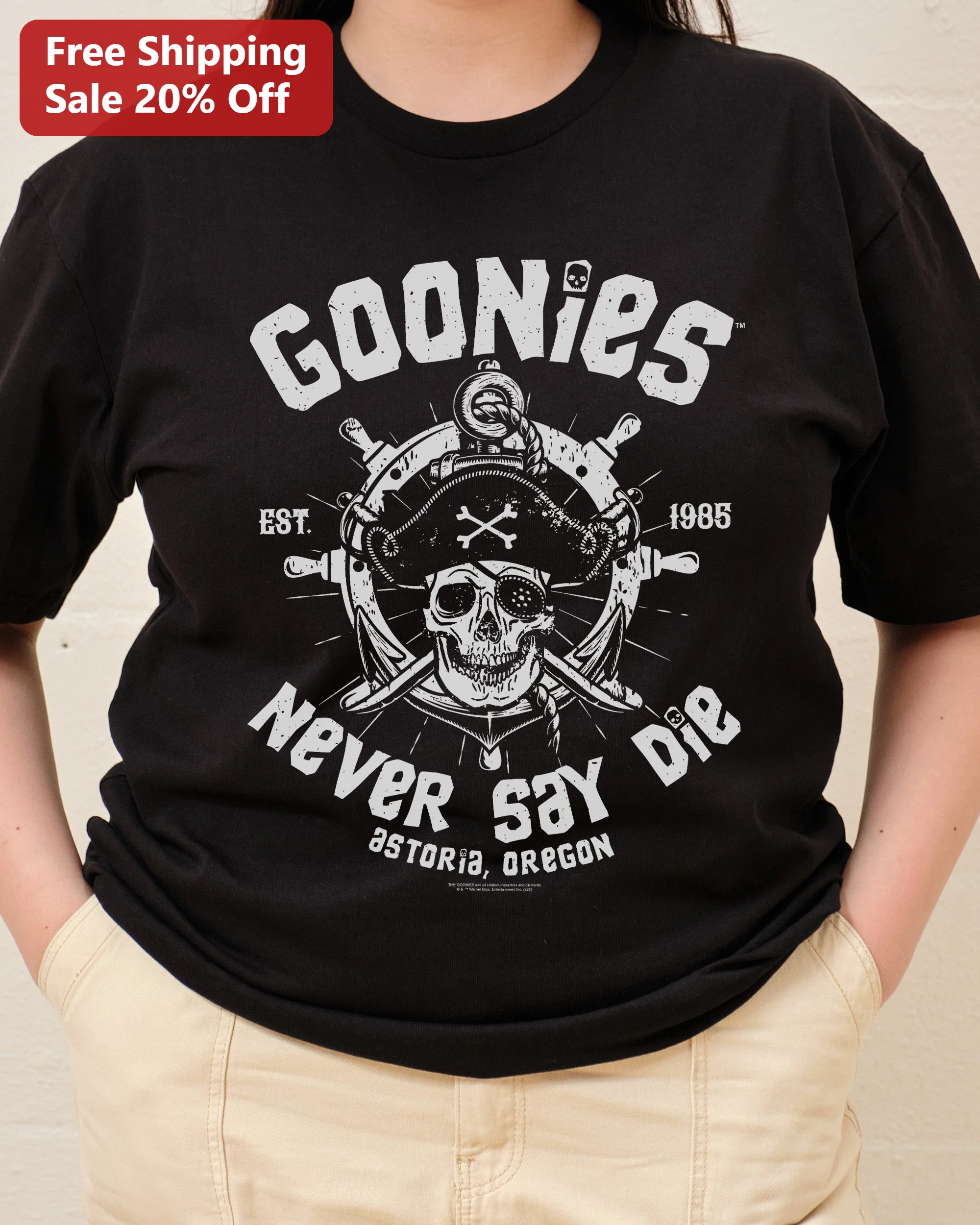 Goonies Never Say Die Tee The Goonies Movie Skull Pirate Graphic Shirt Retro 80s Vintage Style Black T-Shirt