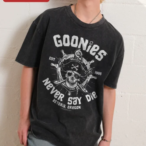 Goonies Never Say Die Vintage Wash Tee 80s Movie Quote Graphic Shirt