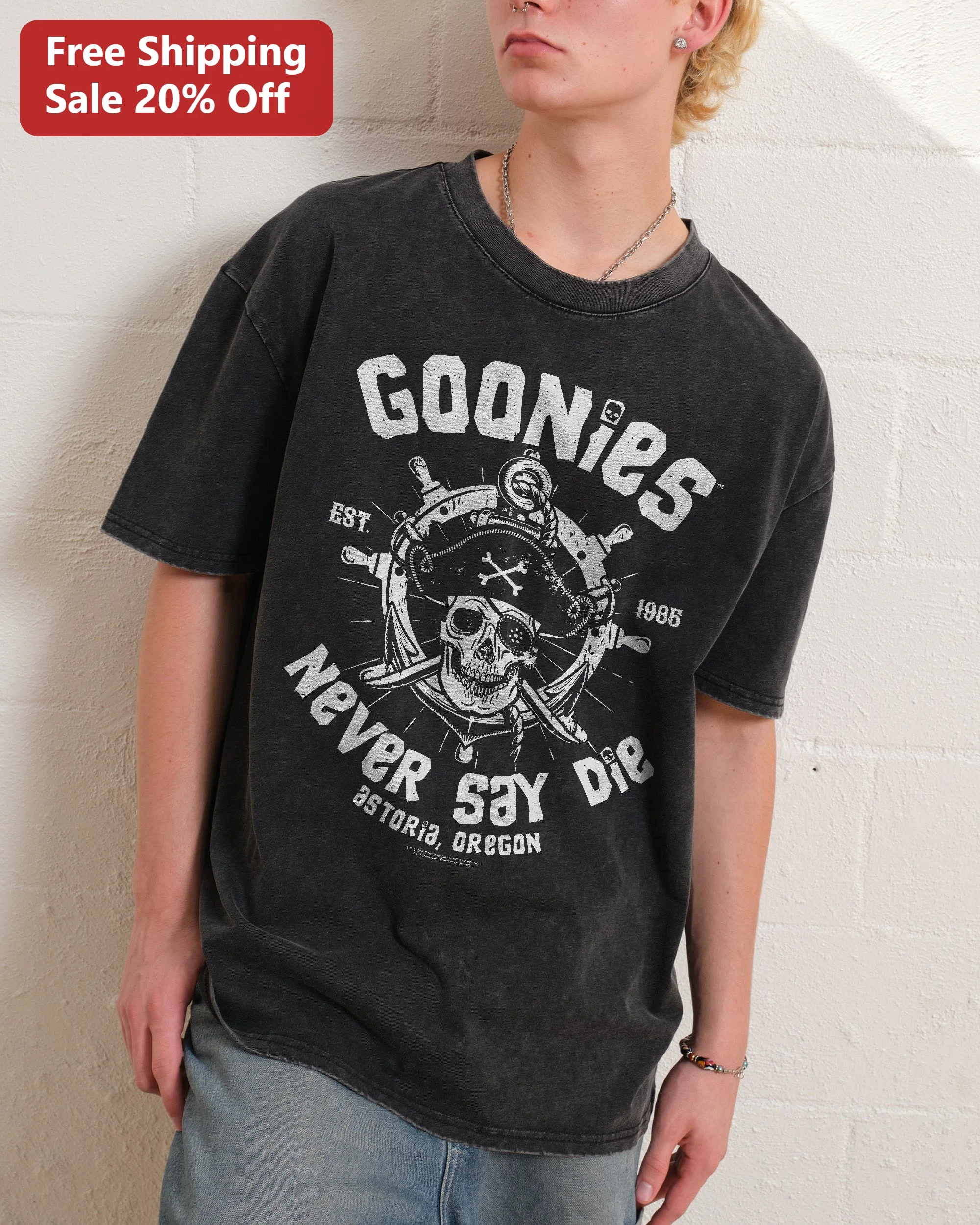 Goonies Never Say Die Vintage Wash Tee 80s Movie Quote Graphic Shirt
