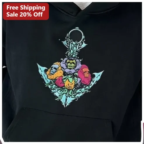 Gothic Floral Skull Anchor Hoodie Pastel Goth Pullover for Men Women Halloween Streetwear