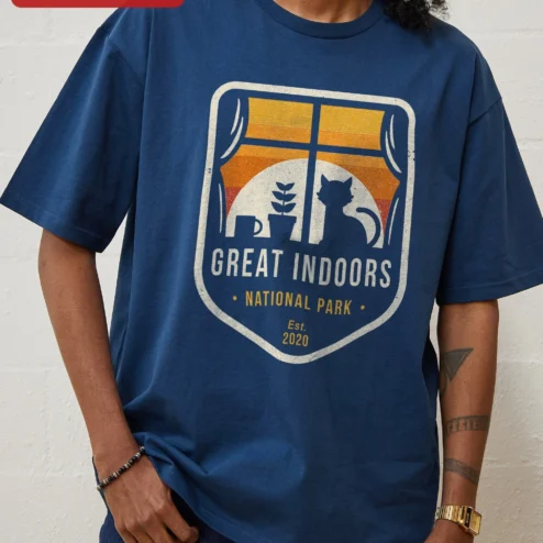 Close-up of Great Indoors National Park Cat Lover Vintage Badge Tee for Introverts Homebodies for streetwear fans in Chicago, Illinois