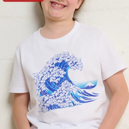 Great Wave off Kanagawa Cat Parody Tee Hokusai Ukiyo-e Art Kids Shirt on a hanger, ready to ship from Chicago, Illinois