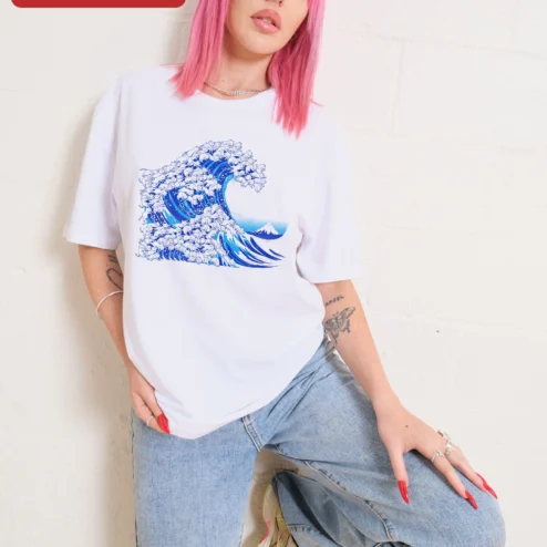 Great Wave off Kanagawa Cat Version Tee Hokusai Ukiyo-e Parody Graphic Shirt for Cat Lovers on a hanger, ready to ship from Chicago, Illinois