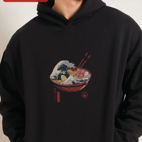 Great Wave Ramen Hoodie Hokusai Style Japanese Food Art Graphic Pullover for Men Women