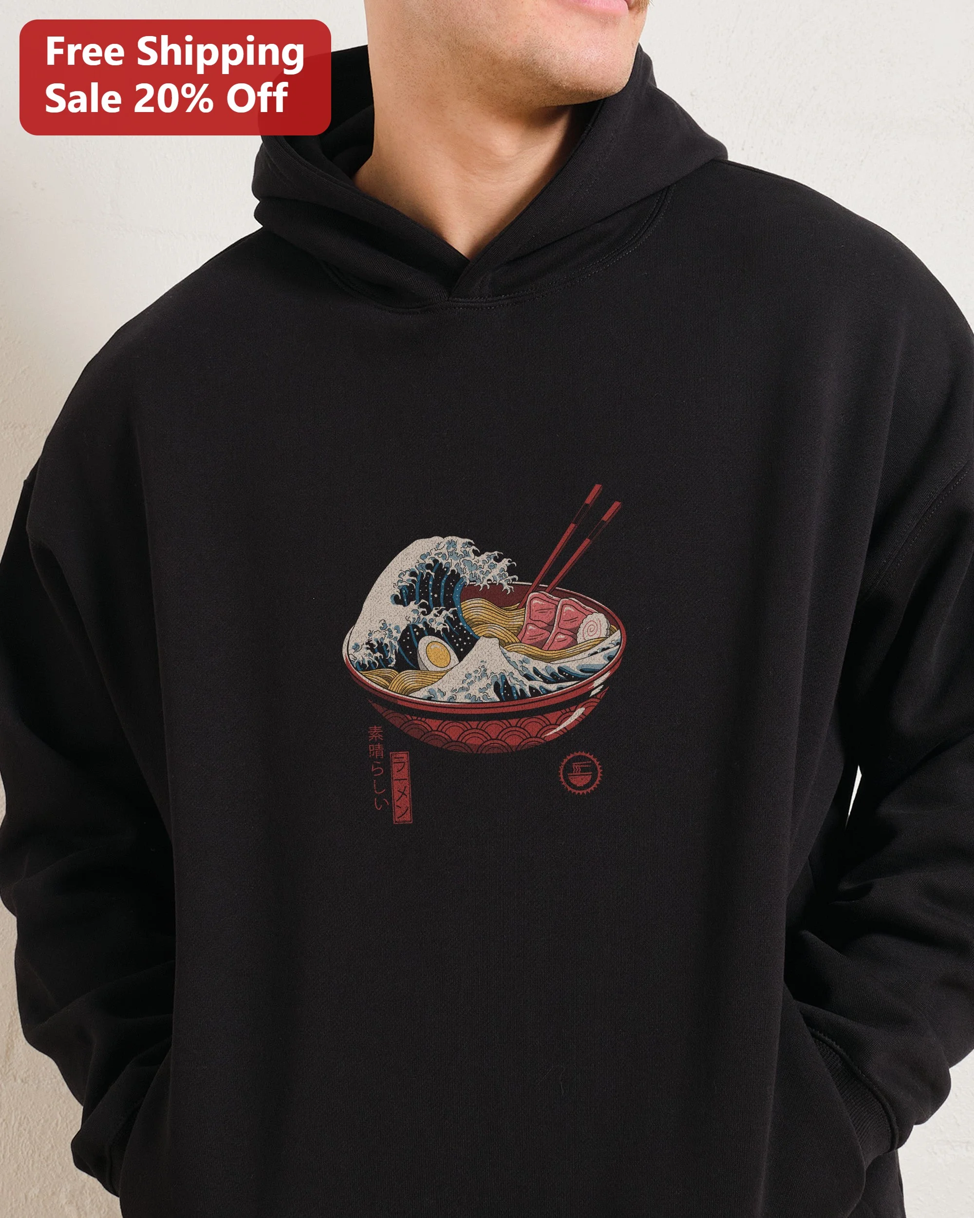 Great Wave Ramen Hoodie Hokusai Style Japanese Food Art Graphic Pullover for Men Women