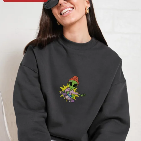 Green Alien Riding Skateboard Cartoon Graphic Crewneck Sweatshirt for Women