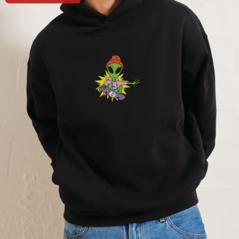 Green Alien Skateboarding Hoodie Dark Grey Streetwear Graphic Pullover on a hanger, ready to ship from Chicago, Illinois