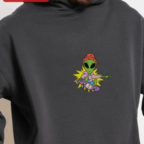 Green Alien Skateboarding Hoodie Dark Grey Streetwear Graphic Pullover