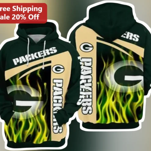 Green Bay Packers Hoodie Black Flame G Logo NFL Fan Gear Pullover