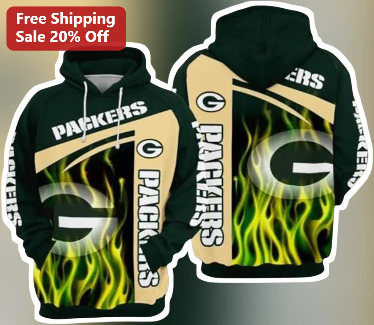Green Bay Packers Hoodie Black Flame G Logo NFL Fan Gear Pullover