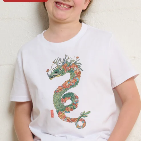 Green Dragon Antler Tee Boys Fantasy Floral Mythical Creature Graphic Shirt on a hanger, ready to ship from Chicago, Illinois
