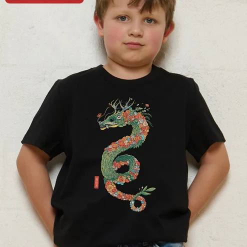 Green Dragon Antler Tee Boys Fantasy Floral Mythical Creature Graphic Shirt