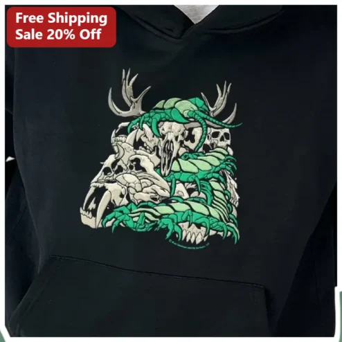 Green Tentacles Crushing Skulls Hoodie Dark Fantasy Horror Graphic Pullover available at our Chicago, Illinois warehouse