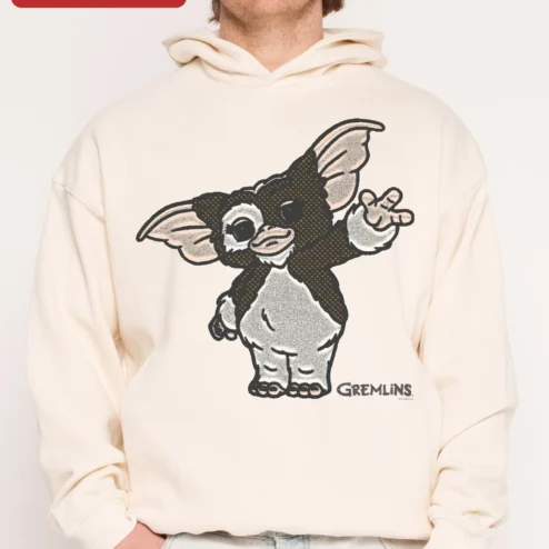 Close-up of Gremlin Hoodie Gizmo Back Print Retro Horror Apparel for Men and Women for streetwear fans in Chicago, Illinois