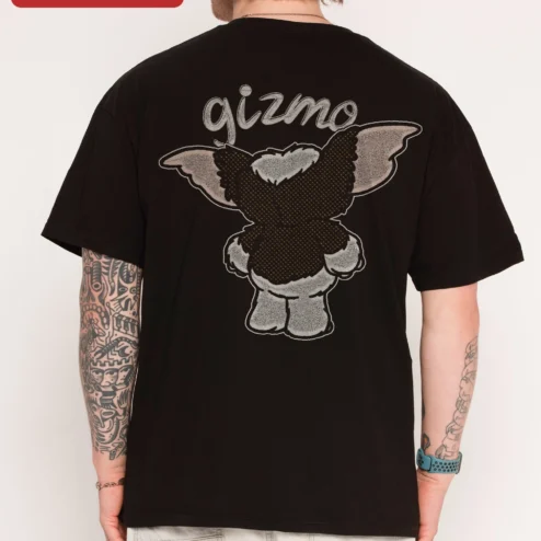 Close-up of Gremlins Gizmo Wave Graphic Tee Retro 1984 Horror Comedy Movie Shirt Gift for streetwear fans in Chicago, Illinois
