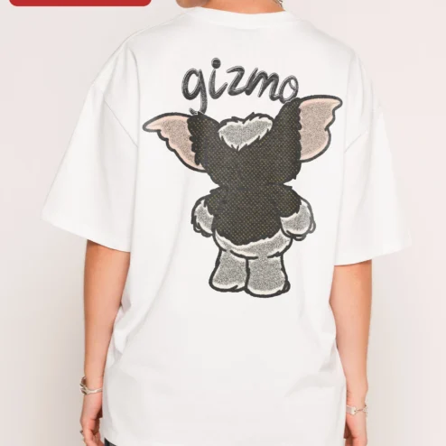 Close-up of Gremlins Gizmo Wave Oversized Tee Retro 1984 Horror Movie Merch Gift for Men Women for streetwear fans in Chicago, Illinois