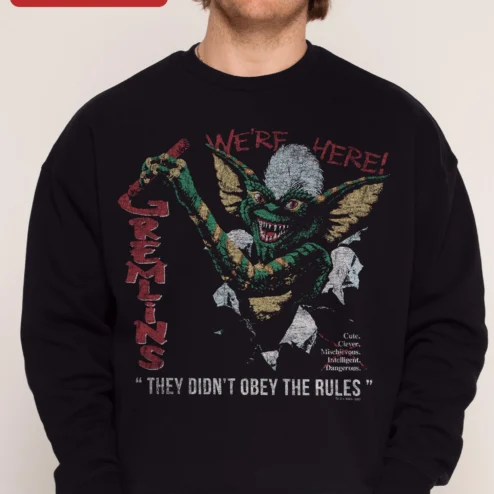 Gremlins We're Here Stripe Sweatshirt Vintage 1984 Horror Movie Merch on a hanger, ready to ship from Chicago, Illinois