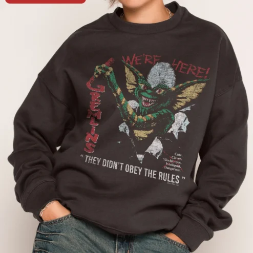 Gremlins We're Here Stripe Sweatshirt Vintage 1984 Horror Movie Merch