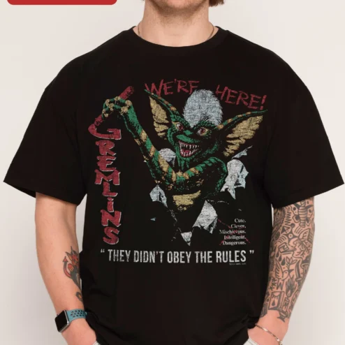 Gremlins We're Here Stripe Tee Cute Clever Mischievous Dangerous Horror Movie Shirt