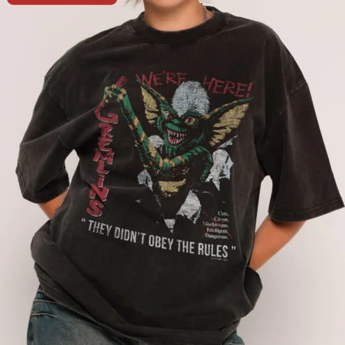 Gremlins We're Here They Didn't Obey The Rules Stripe Graphic Tee Vintage Horror Movie Shirt on a hanger, ready to ship from Chicago, Illinois