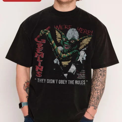 Gremlins We're Here They Didn't Obey The Rules Stripe Graphic Tee Vintage Horror Movie Shirt