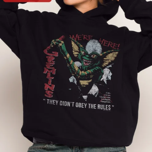 Gremlins We're Here They Didn't Obey The Rules Stripe Hoodie on a hanger, ready to ship from Chicago, Illinois