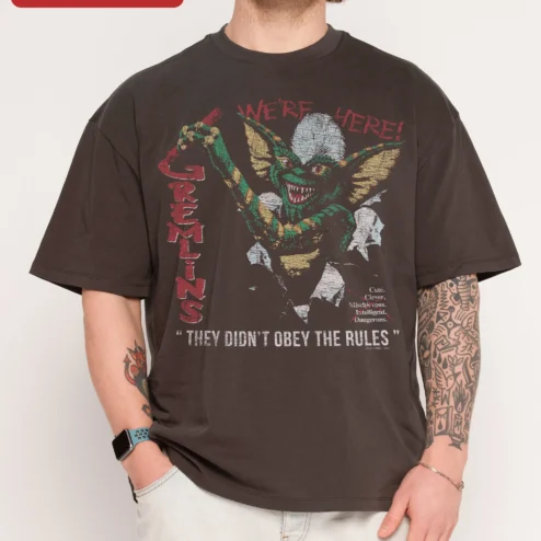 Gremlins We're Here They Didn't Obey The Rules Stripe Tee Vintage Horror Movie Shirt on a hanger, ready to ship from Chicago, Illinois