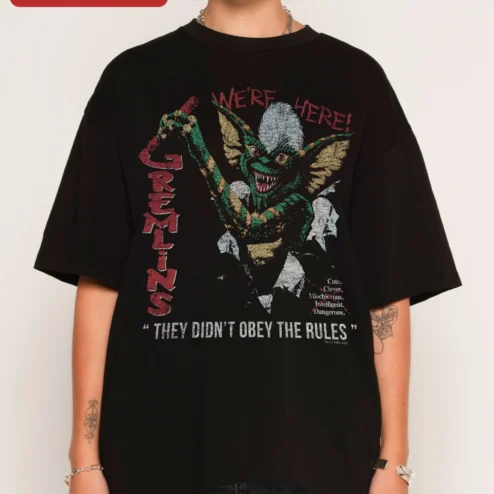 Gremlins We're Here They Didn't Obey The Rules Stripe Tee Vintage Horror Movie Shirt
