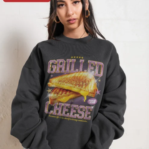 Grilled Cheese Because Life Is Too Short For Boring Sandwiches Sweatshirt Funny Foodie Gift on a hanger, ready to ship from Chicago, Illinois