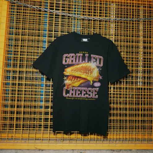 Close-up of Grilled Cheese Because Life's Too Short For Boring Sandwiches Funny Foodie Graphic Tee for streetwear fans in Chicago, Illinois