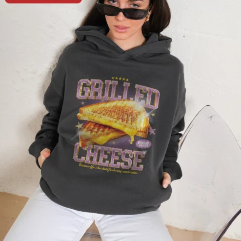 Grilled Cheese Because Life's Too Short For Boring Sandwiches Hoodie Funny Foodie Comfort Wear Gift on a hanger, ready to ship from Chicago, Illinois