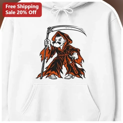 Grim Reaper Cartoon Hoodie Funny Halloween Spooky Graphic Pullover for Men Women available at our Chicago, Illinois warehouse