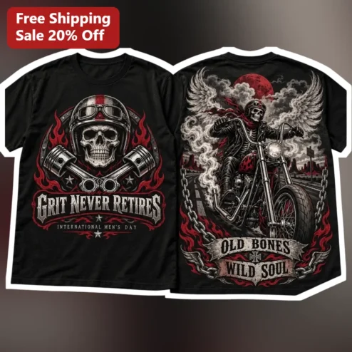 Grit Never Retires Old Bones Wild Soul International Men's Day Biker Skull Graphic Tee for Men