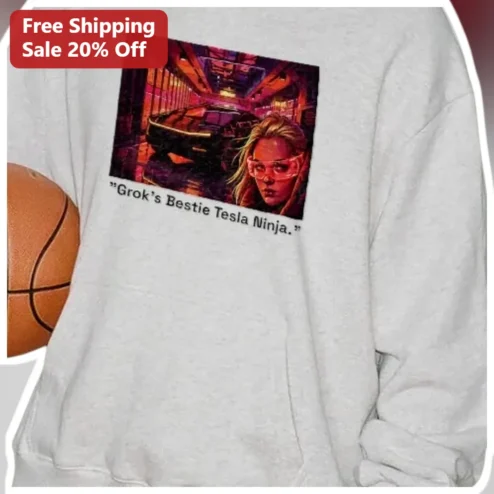 Grok's Bestie Tesla Ninja Sweatshirt Cyberpunk AI Art Graphic for Tech Enthusiasts available at our Chicago, Illinois warehouse