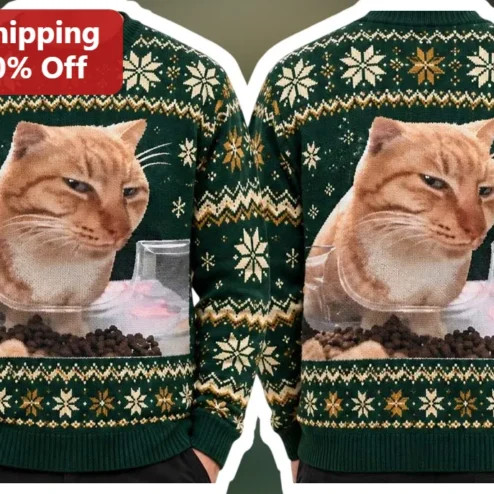 Grumpy Cat in Food Bowl Ugly Christmas Sweater Funny Holiday Party Gift for Cat Lovers