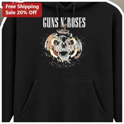 Guns N Roses Halloween Skull Pumpkin Hoodie Black Pullover Rock Band Merch available at our Chicago, Illinois warehouse
