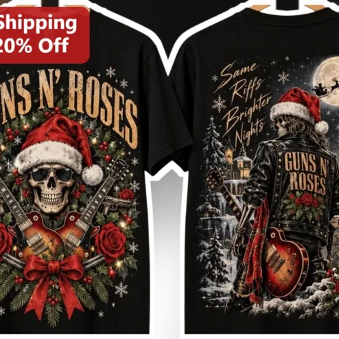 Guns N Roses Same Riffs Brighter Nights Good Music Good People Happier Holidays Rock Christmas Skeleton Santa Tee