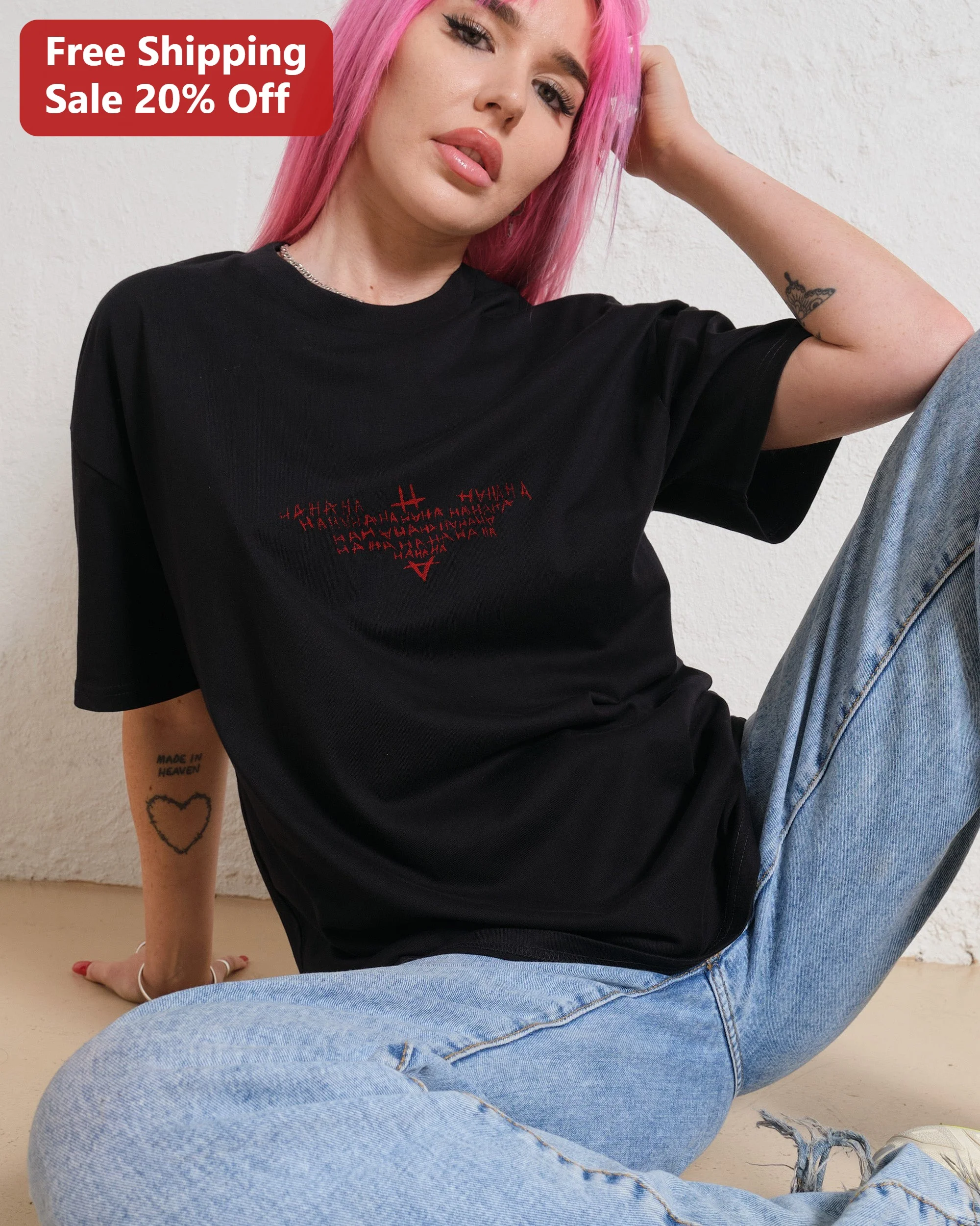 HAHAHA Tee Heart Pattern Graphic T-Shirt Funny Laugh Gift for Gen Z Grunge Streetwear