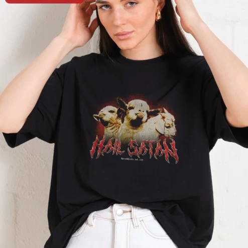 Hail Satan Tee Occult Goat Graphic Heavy Metal Shirt for Men Women Halloween Gift