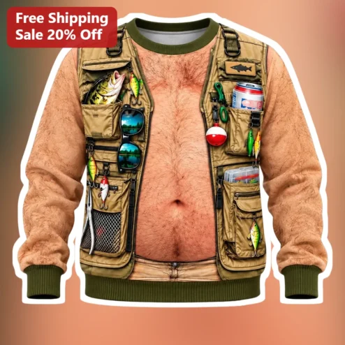 Hairy Chest Fishing Vest Sweatshirt Funny Novelty Angler Gift for Men