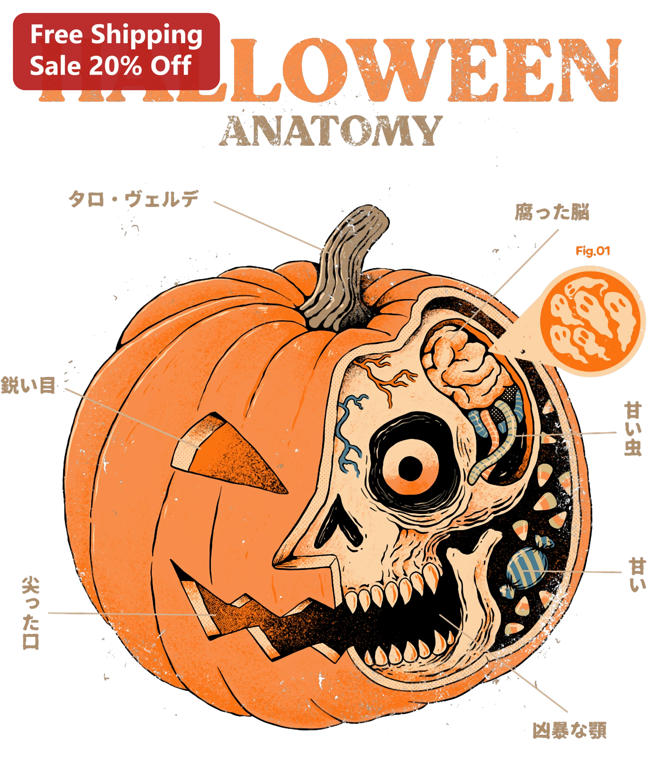 Halloween Anatomy Tee Vintage Jack O Lantern Skull Diagram Graphic Shirt for Medical Students Horror Fans